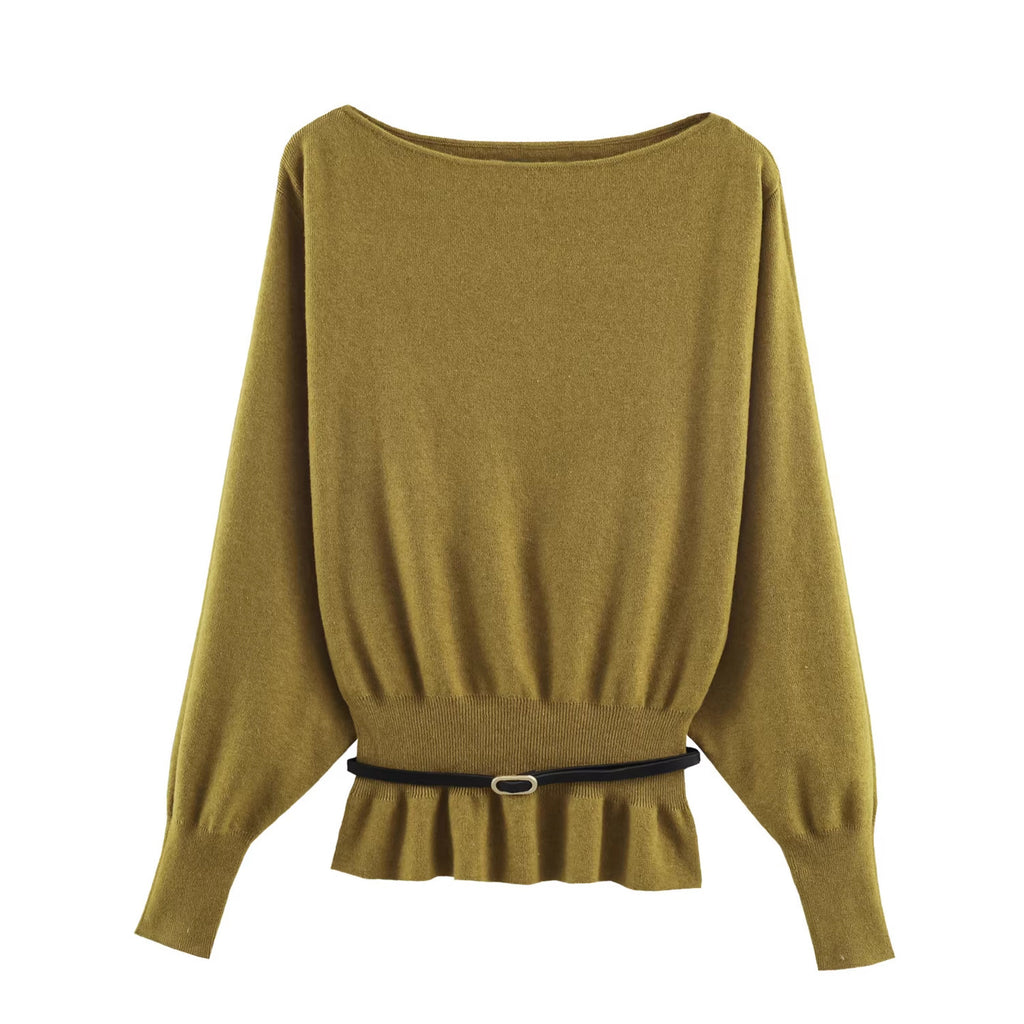 Women's Oversized Knit Sweater with Boat Neck, Batwing Sleeves, Gathered Ribbed Hem, and Waist Belt Fashion Glam