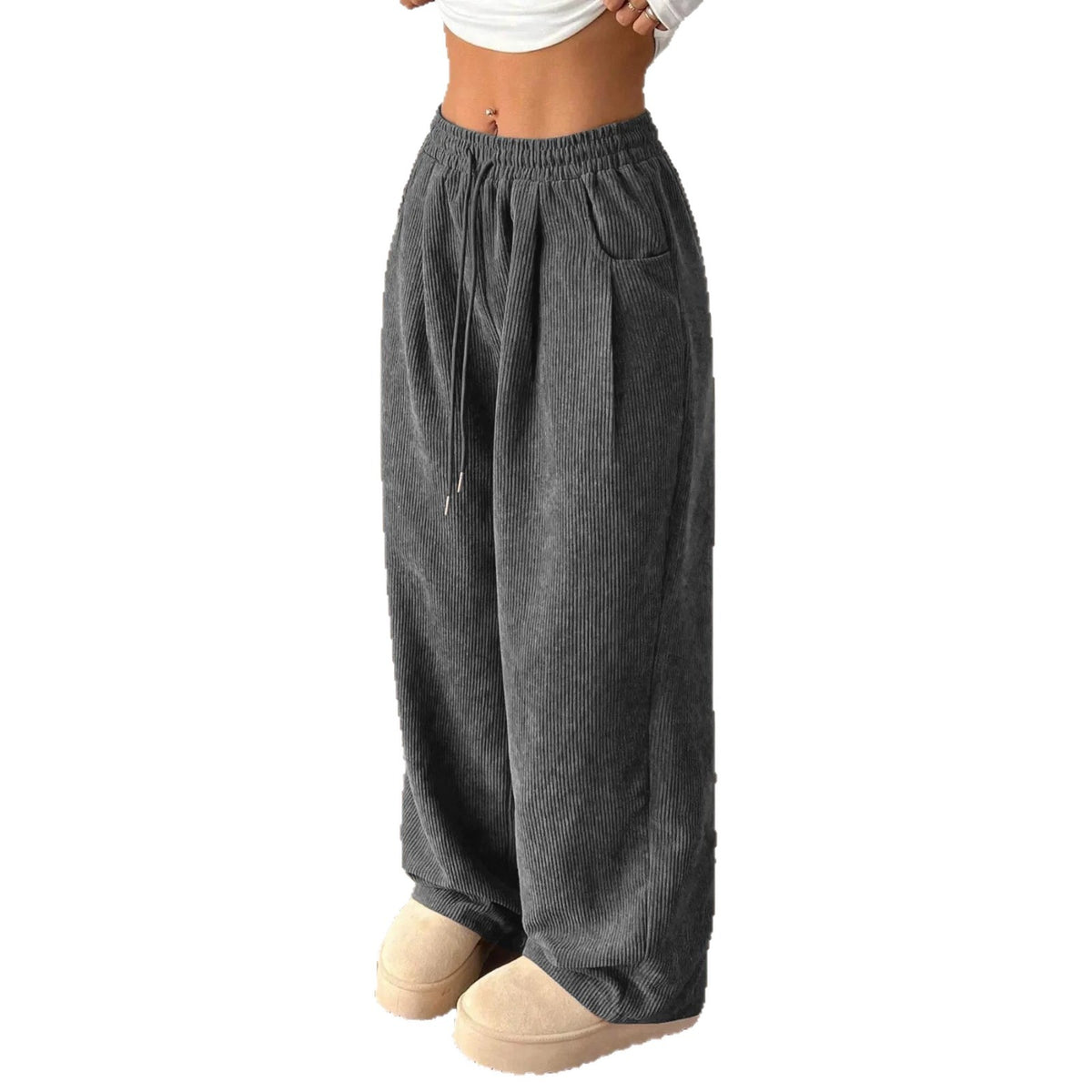 Ladies cord pants with wide leg, elastic waistband and drawstring Fashion Glam
