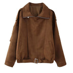 Women’s Oversized Faux Suede Aviator Jacket with Waist Belt, Epaulettes, and Stand-Up Collar Fashion Glam