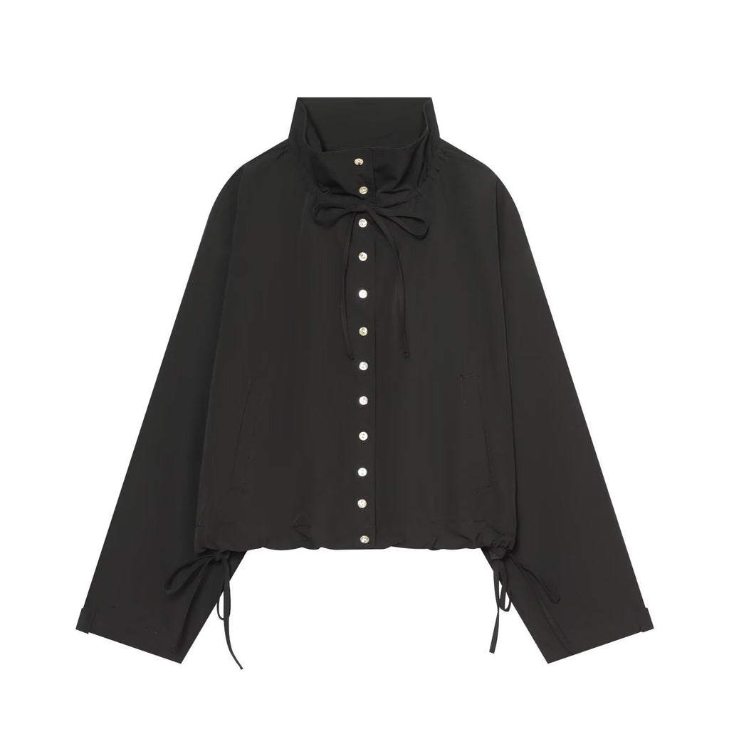 Women Cropped Oversized Utility Jacket with Stand Collar and Drawstring Fashion Glam