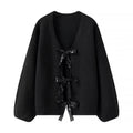 Women's Oversized Knit Cardigan with V-Neck and Sequin Bows Fashion Glam