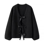 Women's Oversized Knit Cardigan with V-Neck and Sequin Bows Fashion Glam