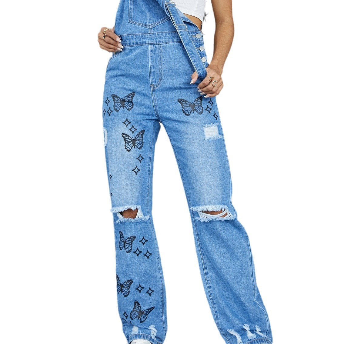 Women Casual Denim Overalls with Butterfly Print, distressed Knee & Wide Leg Fashion Glam
