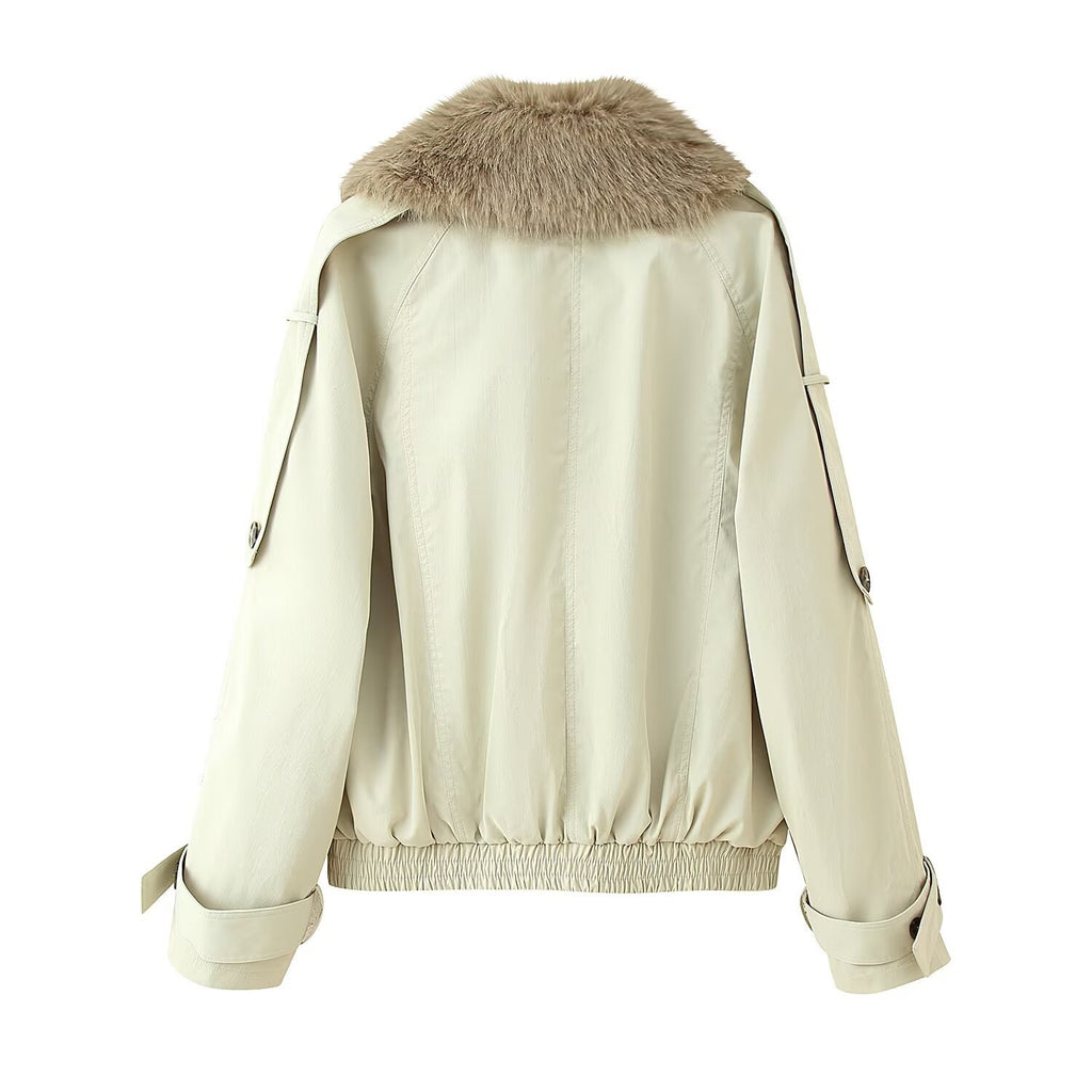 Women's double-breasted blouson with removable faux fur collar, waist drawstring and adjustable cuffs Fashion Glam