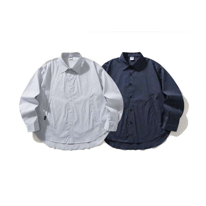 Unisex Lightweight Checked Overshirt with Shirt Collar, Side Pockets, and Curved Hem Fashion Glam