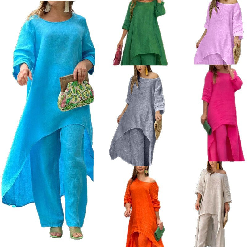 Women's airy linen-blend tunic set with wide palazzo pants Fashion Glam