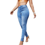 Women High-Waist Skinny Jeans with Pearl Embellishment Fashion Glam
