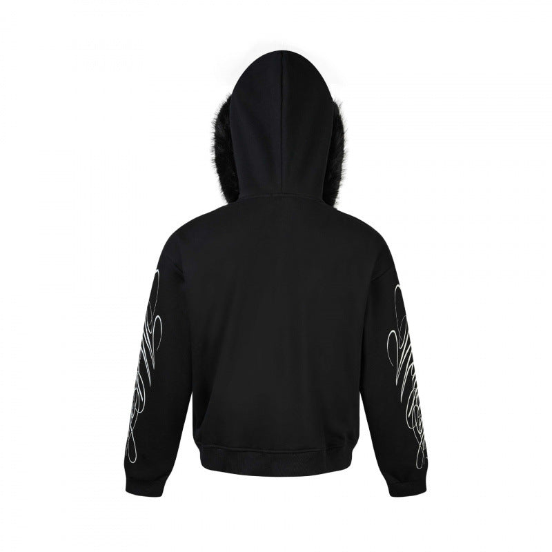 Unisex Oversize hoodie jacket with faux fur trim, zipper and graphic sleeves Fashion Glam