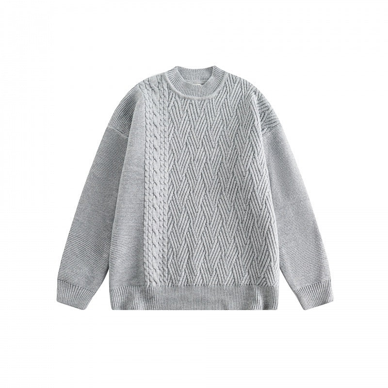 Unisex Oversize Knit Sweater with Asymmetrical Cable Pattern and Round Neckline Fashion Glam