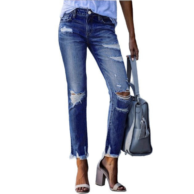 Ladies ankle-length straight-cut destroyed jeans with high waist and frayed hem Fashion Glam