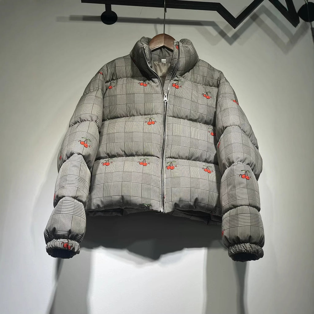 Women's short-cut quilted down-look jacket with stand-up collar and cherry embroidery Fashion Glam