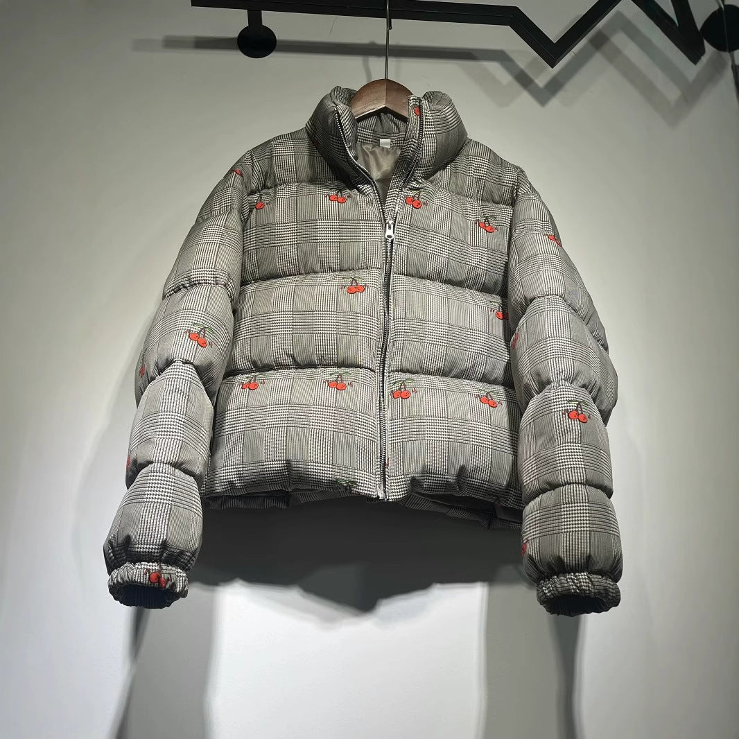 Women's short-cut quilted down-look jacket with stand-up collar and cherry embroidery Fashion Glam