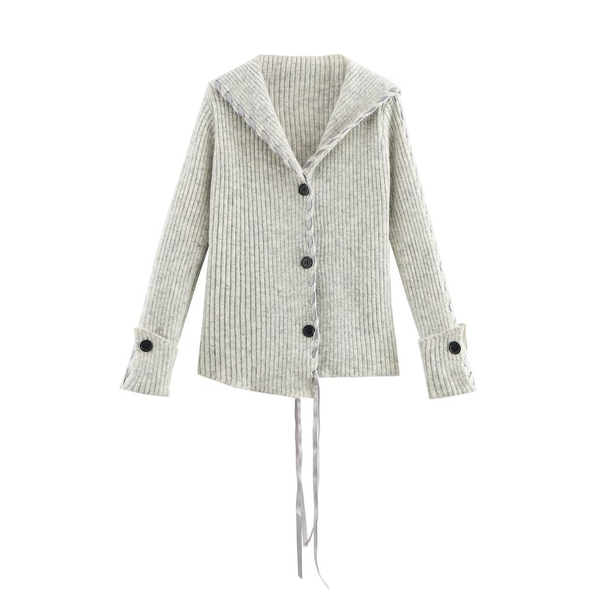 Women Ribbed Cardigan with Sailor Collar, Decorative Ribbon Lacing and Button Placket Fashion Glam