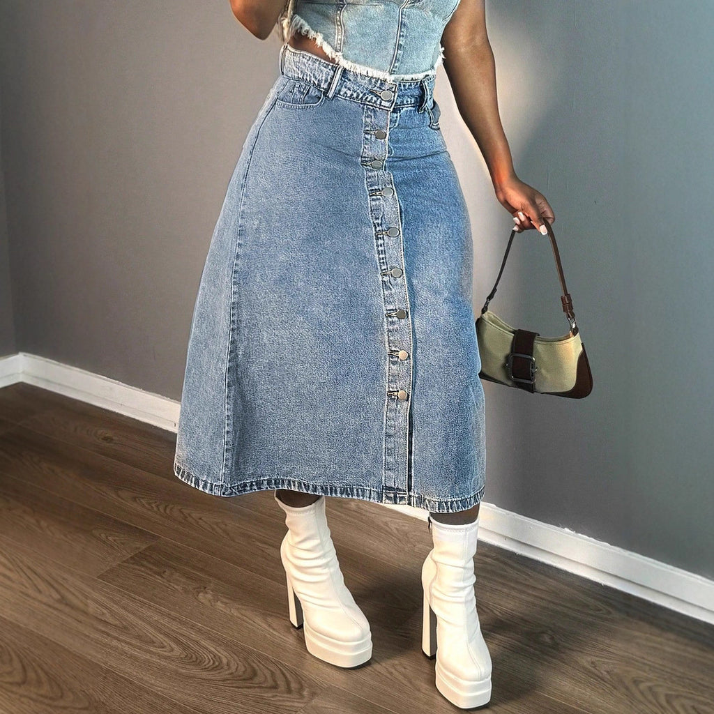 Ladies mid-length denim skirt with continuous button placket and high-waisted A-line cut Fashion Glam