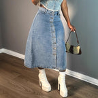 Ladies mid-length denim skirt with continuous button placket and high-waisted A-line cut Fashion Glam