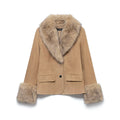 Women's short suede jacket with voluminous fur collar and wide fur cuffs Fashion Glam