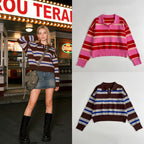 Women's Striped Polo Collar Sweater with Boxy Fit and V-Neck Fashion Glam