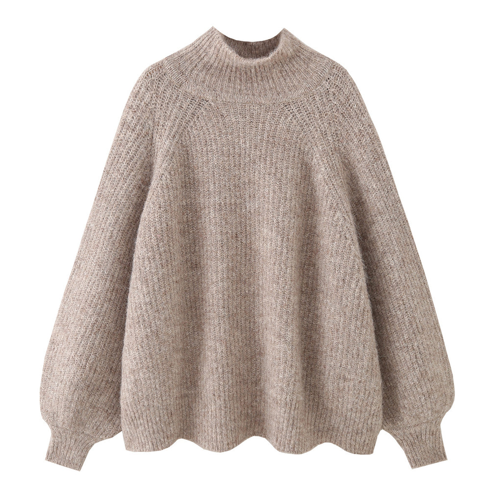 Women Oversize Mohair-Optic Knit Sweater with Stand-Up Collar and Balloon Sleeves Fashion Glam