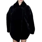 Women's boxy short coat made of silky shiny high-pile artificial fur with a large shawl collar Fashion Glam
