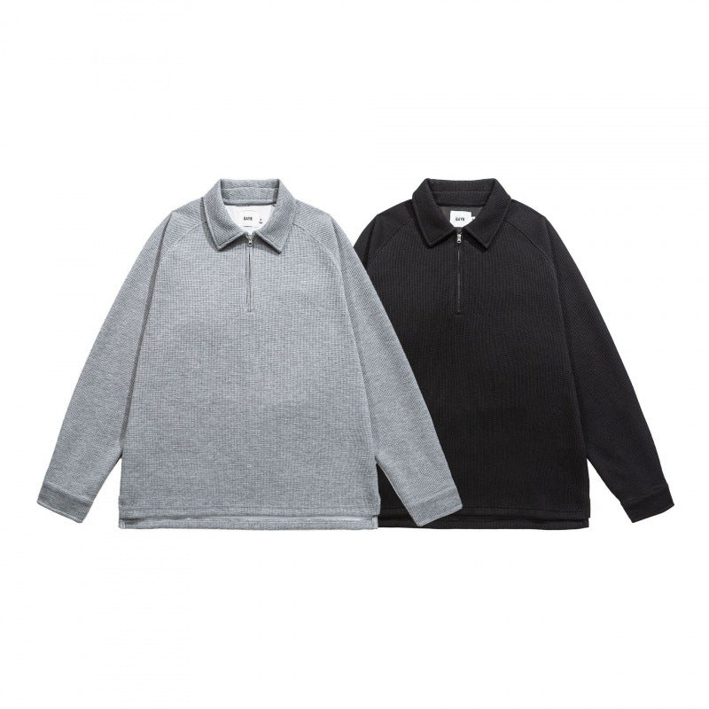 Men's Waffle Knit Half-Zip Pullover with Polo Collar Fashion Glam