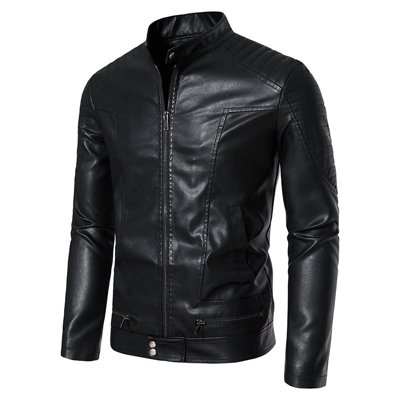 Men's Slim Biker Blouson Faux Leather Jacket with Stand Collar, Decorative Stitching and Zipper Pockets Fashion Glam