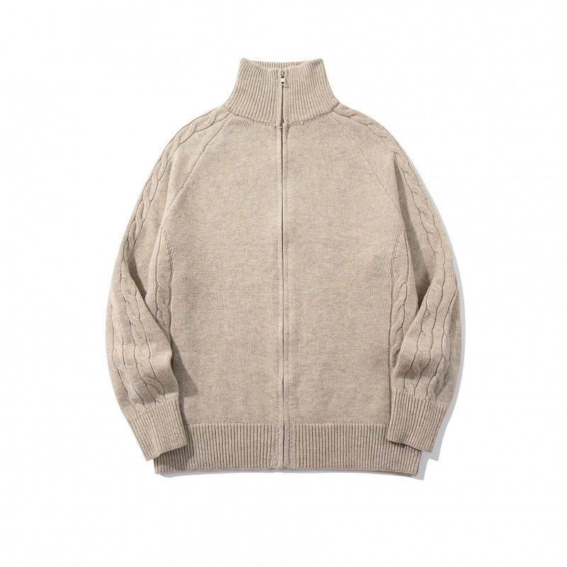 Unisex Boxy Zip Cardigan with Stand-up Collar, Cable Knit Sleeves and Ribbed Hems Fashion Glam
