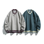 Men's Oversized V-Neck Sweatshirt with Contrast Stripes at Cuffs and Hem Fashion Glam