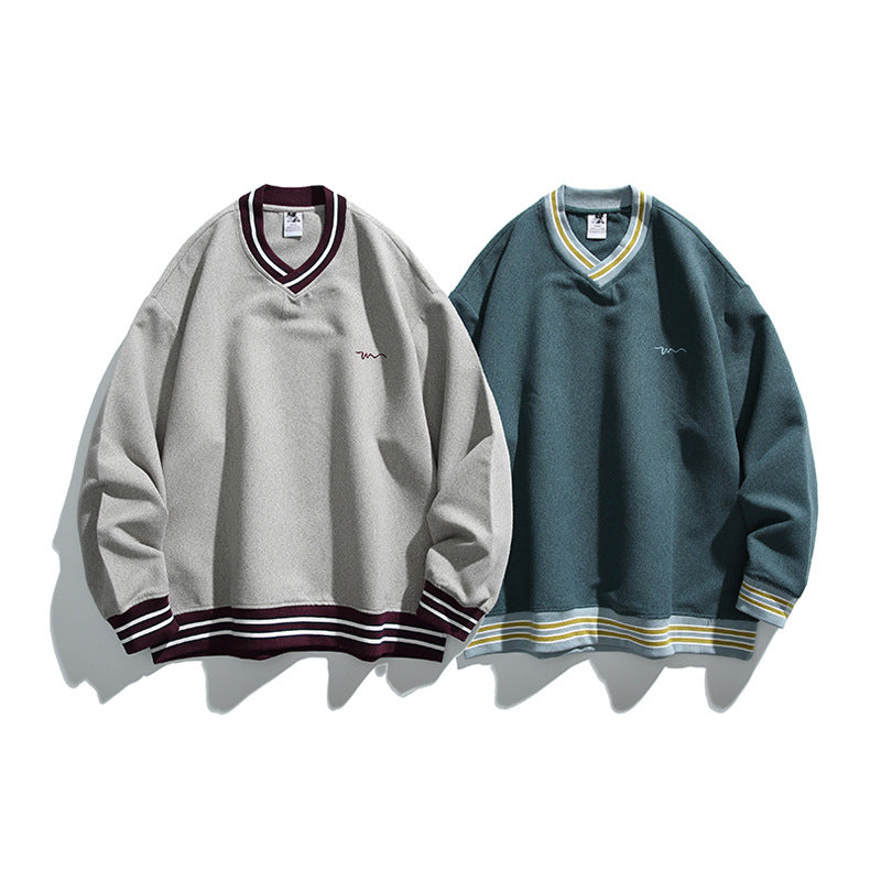 Men's Oversized V-Neck Sweatshirt with Contrast Stripes at Cuffs and Hem Fashion Glam