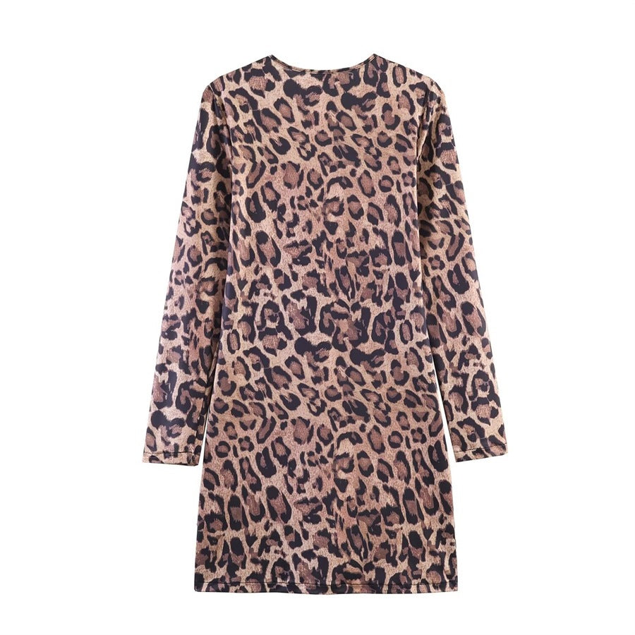 Women’s leopard print mini dress with round neckline, long sleeves, and A-line silhouette Fashion Glam