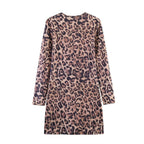 Women’s leopard print mini dress with round neckline, long sleeves, and A-line silhouette Fashion Glam