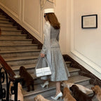 Women's two-piece wool blend suit with fitted short blazer and A-line midi skirt Fashion Glam