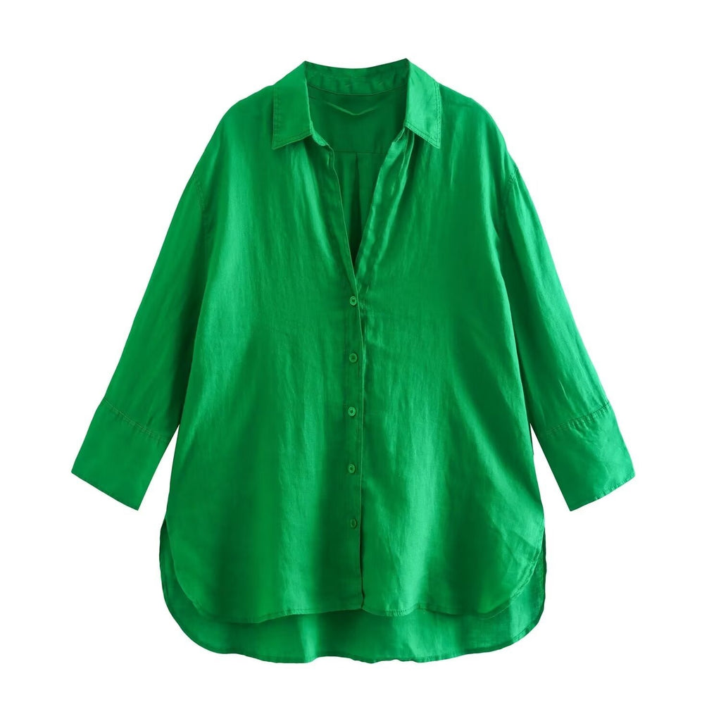 Women's Lightweight Oversized Shirt with High Back Hem, Linen Look and Concealed Button Placket Fashion Glam