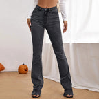 Ladies High-Waisted Denim Pants in Sculpting Straight with Knee Slits Fashion Glam