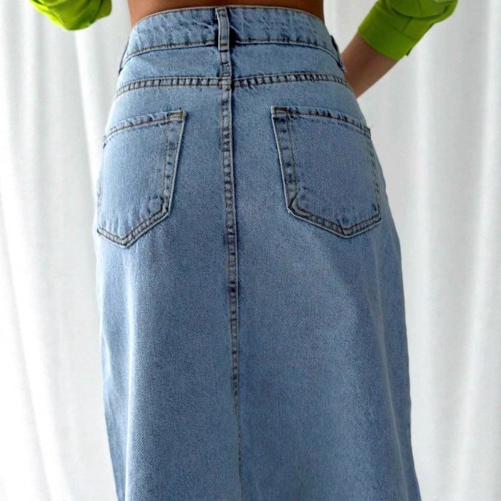 Ladies High-Waisted Maxi Denim Skirt with Asymmetrical Front Seam and Frayed Hem Fashion Glam