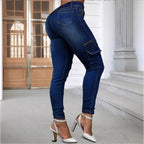 Women's High-Waisted Skinny Jeans with Cargo Zipper Pockets & Button Closure Fashion Glam