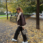 Women's Casual Aviator Biker Jacket in Vintage Leather Look with Sherpa Lining Fashion Glam