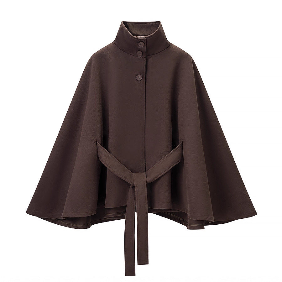 Women's Short Cape Coat with Stand-Up Collar, Concealed Button Placket and Tie Belt Fashion Glam