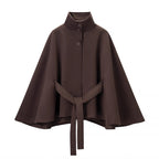 Women's Short Cape Coat with Stand-Up Collar, Concealed Button Placket and Tie Belt Fashion Glam