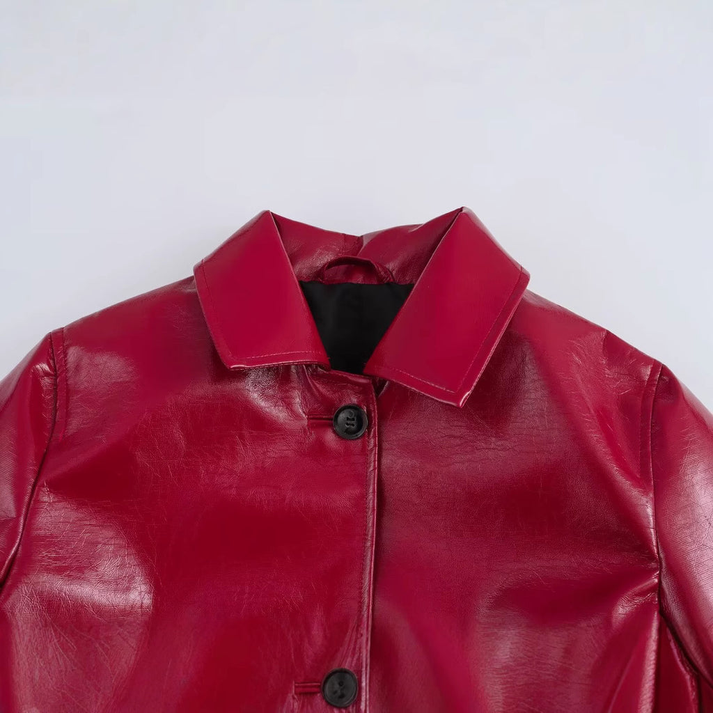 Women's Shiny Faux Leather Blouse Jacket in Boxy Cut with Shirt Collar Fashion Glam