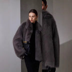 Ladies Boxy Short Faux Fur Coat with Extra Voluminous Shawl Collar Fashion Glam