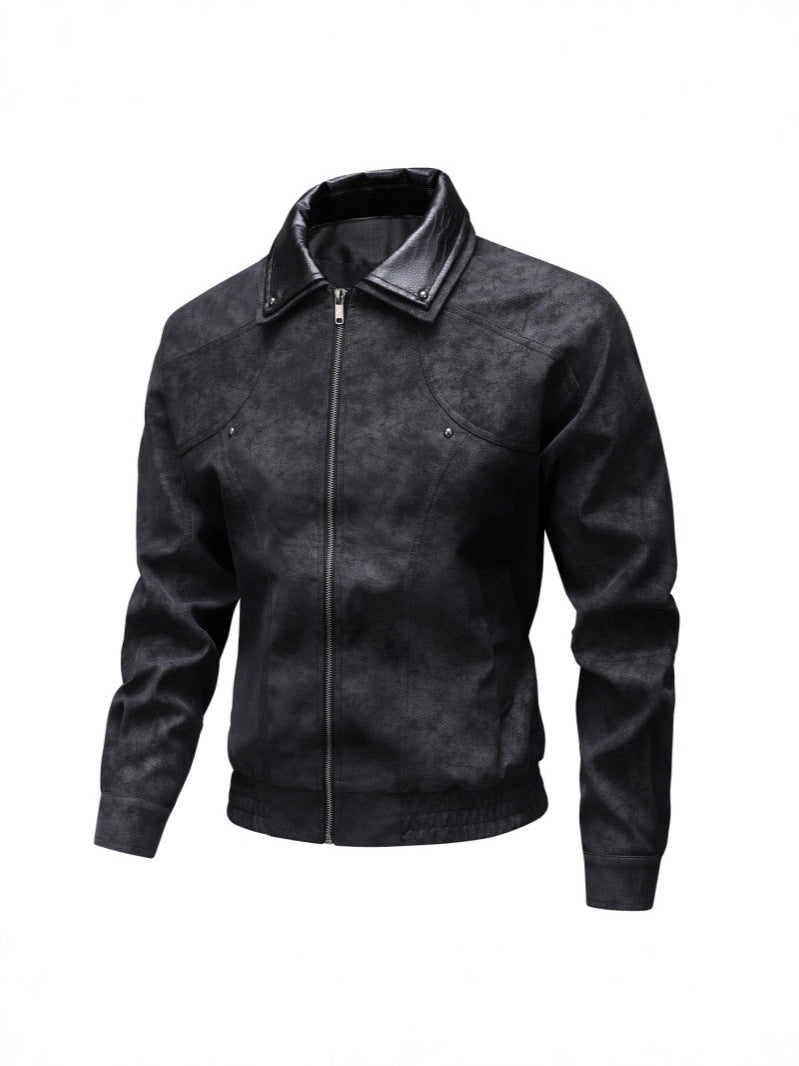 Men's Vintage-inspired Faux Leather Blouson Jacket with Contrast Collar Fashion Glam