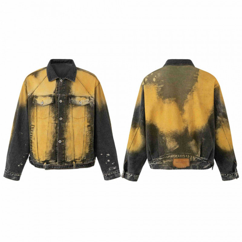 Men's Oversized Denim Blouson Jacket with Dip-Dye Effect, Paint Splatter and Adjustable Waist Belt Fashion Glam