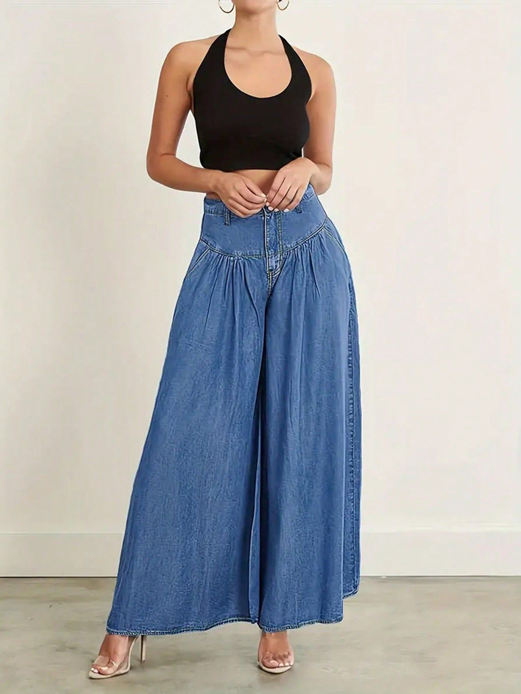 Women High-Waisted Denim Palazzo Pants with Gathered Box Pleat and Extra Wide Leg Fashion Glam