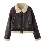 Women's Short Aviator Jacket in Leather Look with Teddy Lining, Zipper Pockets, and Waist Belt Fashion Glam