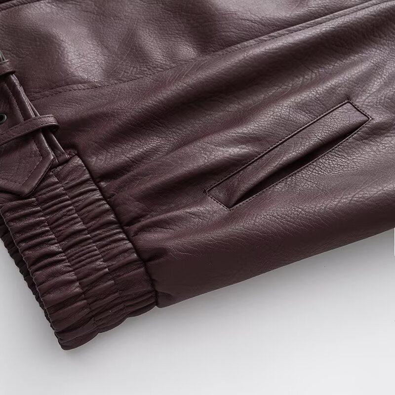 Ladies Oversize Faux Leather Biker Jacket with Asymmetrical Zipper, Belt and Elastic Waist Fashion Glam