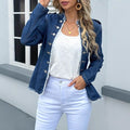 Women's tailored denim jacket with fringe trim and decorative button placket Fashion Glam