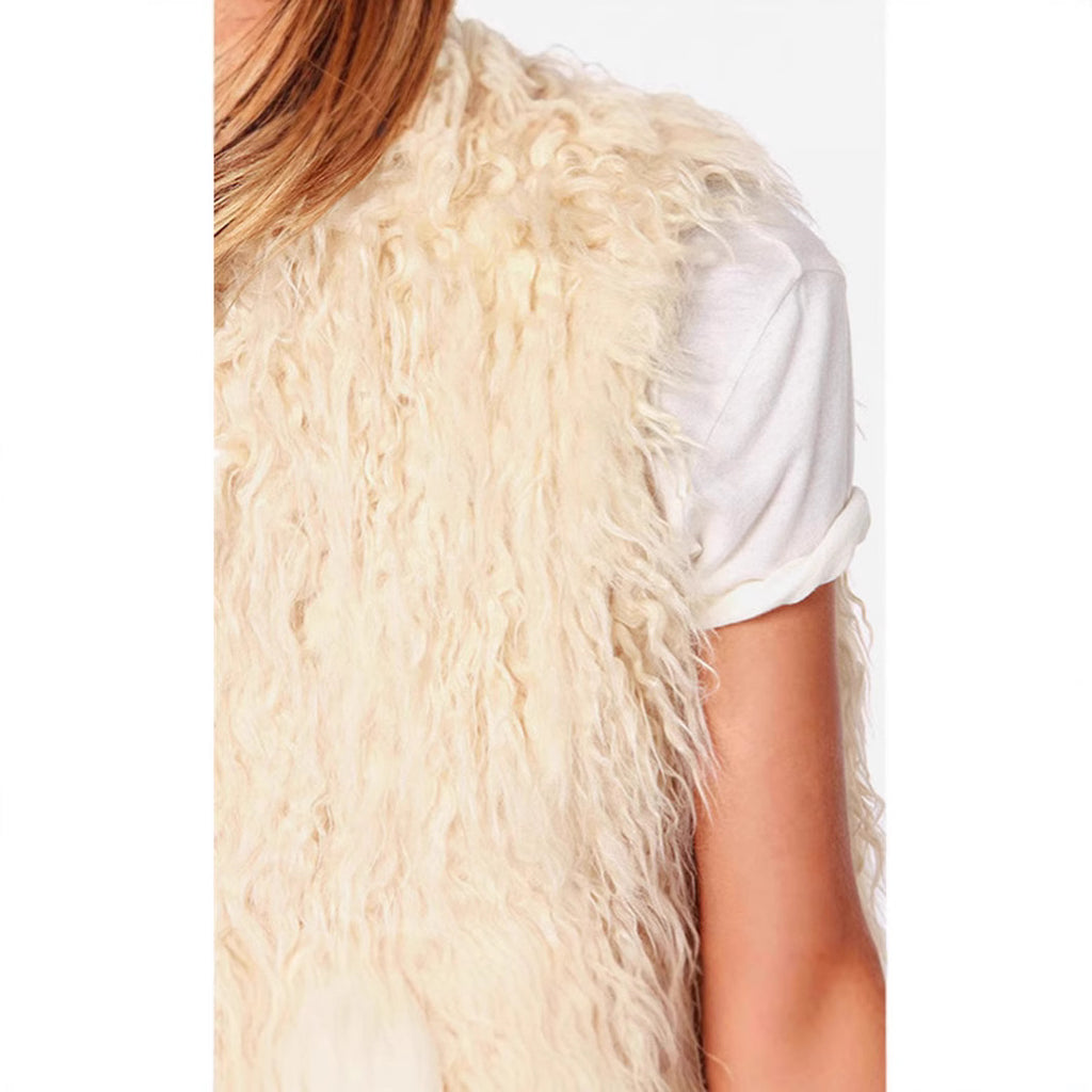 Women Sleeveless Shaggy Faux Fur Vest with Long Pile and Open Hem Fashion Glam