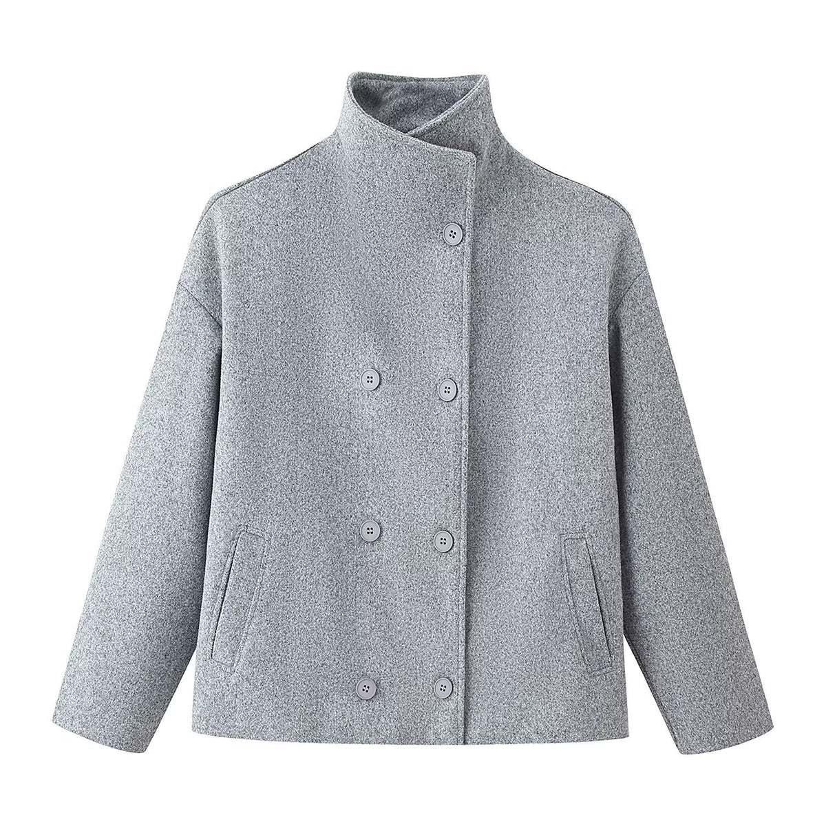 Women's Boxy Wool Jacket in Cocoon Cut with Stand-up Collar and Double-breasted Button Placket Fashion Glam