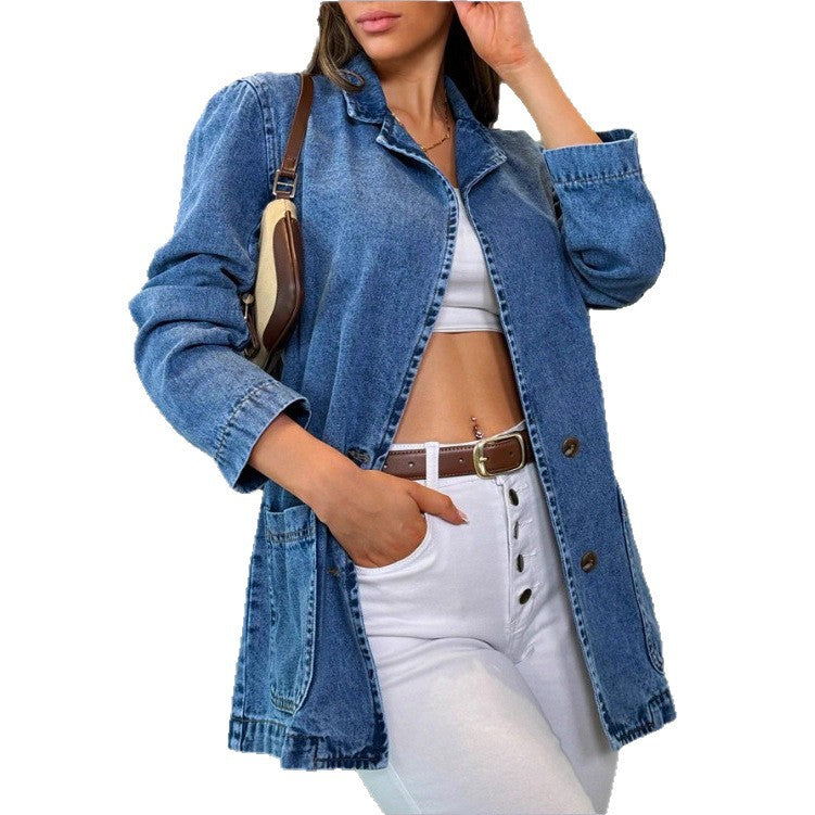 Women tailored denim jacket with stand-up collar, four flap pockets and slightly flared hem Fashion Glam