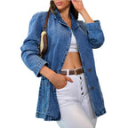 Women tailored denim jacket with stand-up collar, four flap pockets and slightly flared hem Fashion Glam